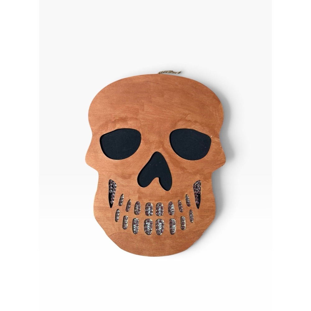 Hand Painted Wood Skull Sign brown black silver teeth rhinestones gems